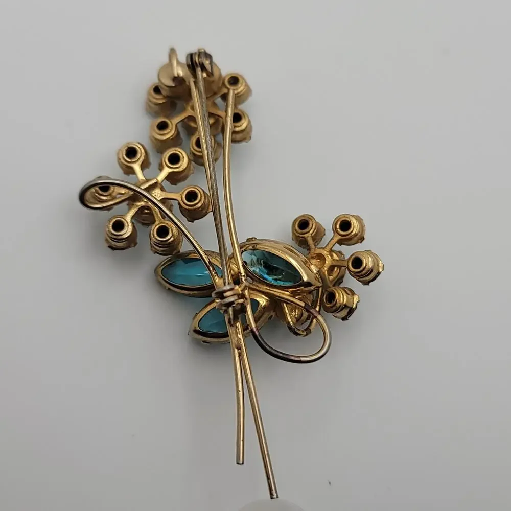 Vintage Gold-tone Blue, Turquoise-colored & Aurora Borealis Floral Brooch